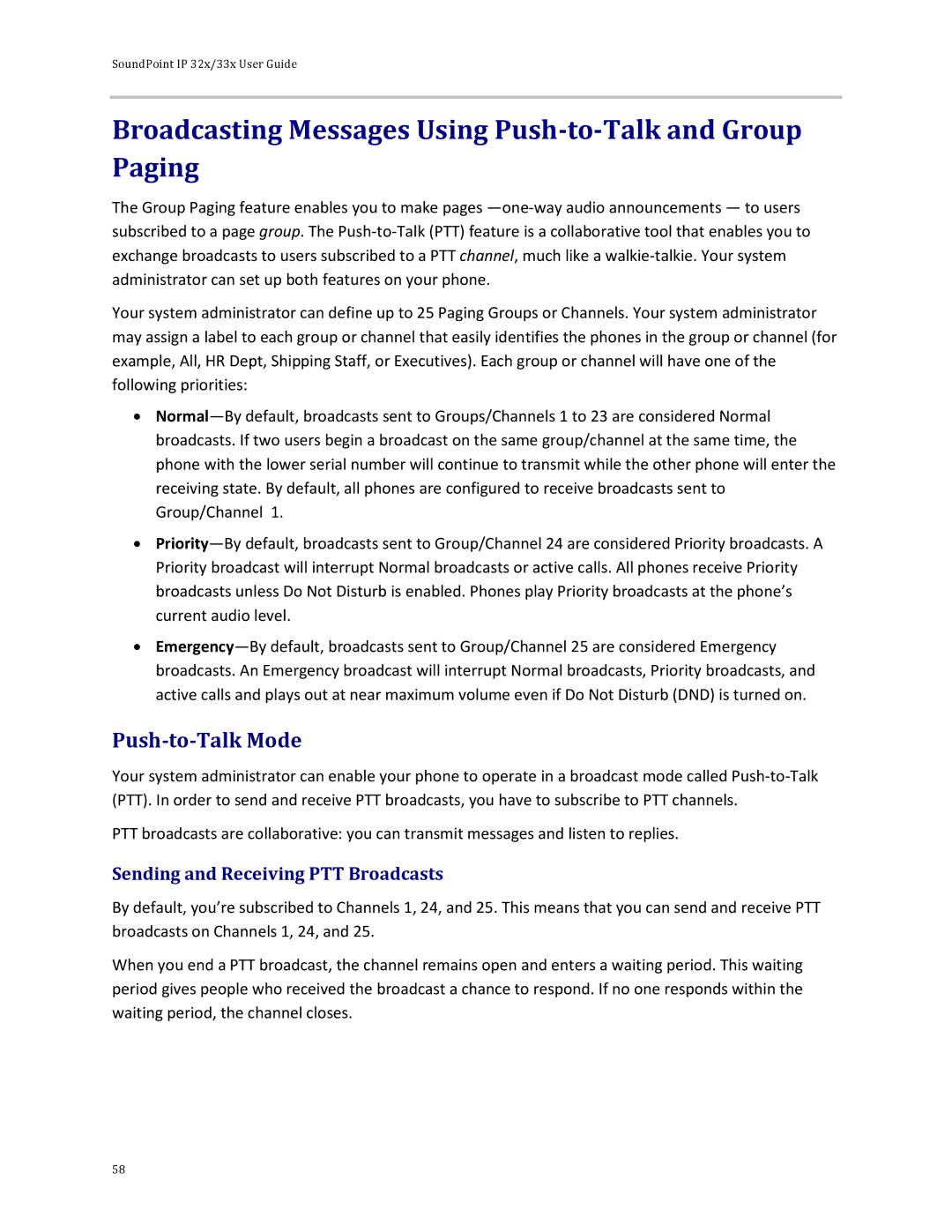 Polycom 32x manual Broadcasting Messages Using Push-to-Talk and Group Paging, Push-to-Talk Mode 