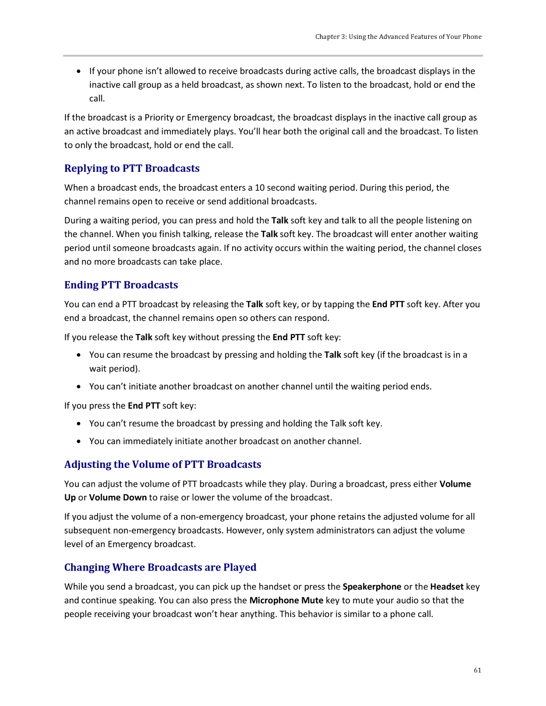 Polycom 32x manual Replying to PTT Broadcasts, Ending PTT Broadcasts, Adjusting the Volume of PTT Broadcasts 