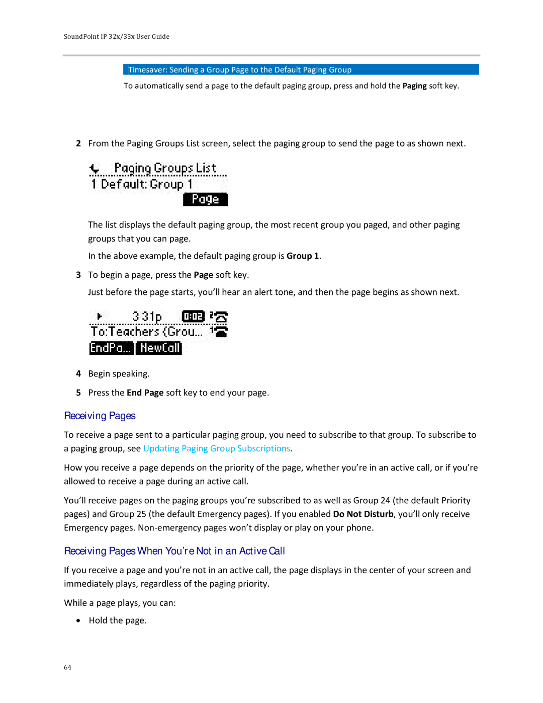 Polycom 32x manual Receiving Pages, Timesaver Sending a Group Page to the Default Paging Group 