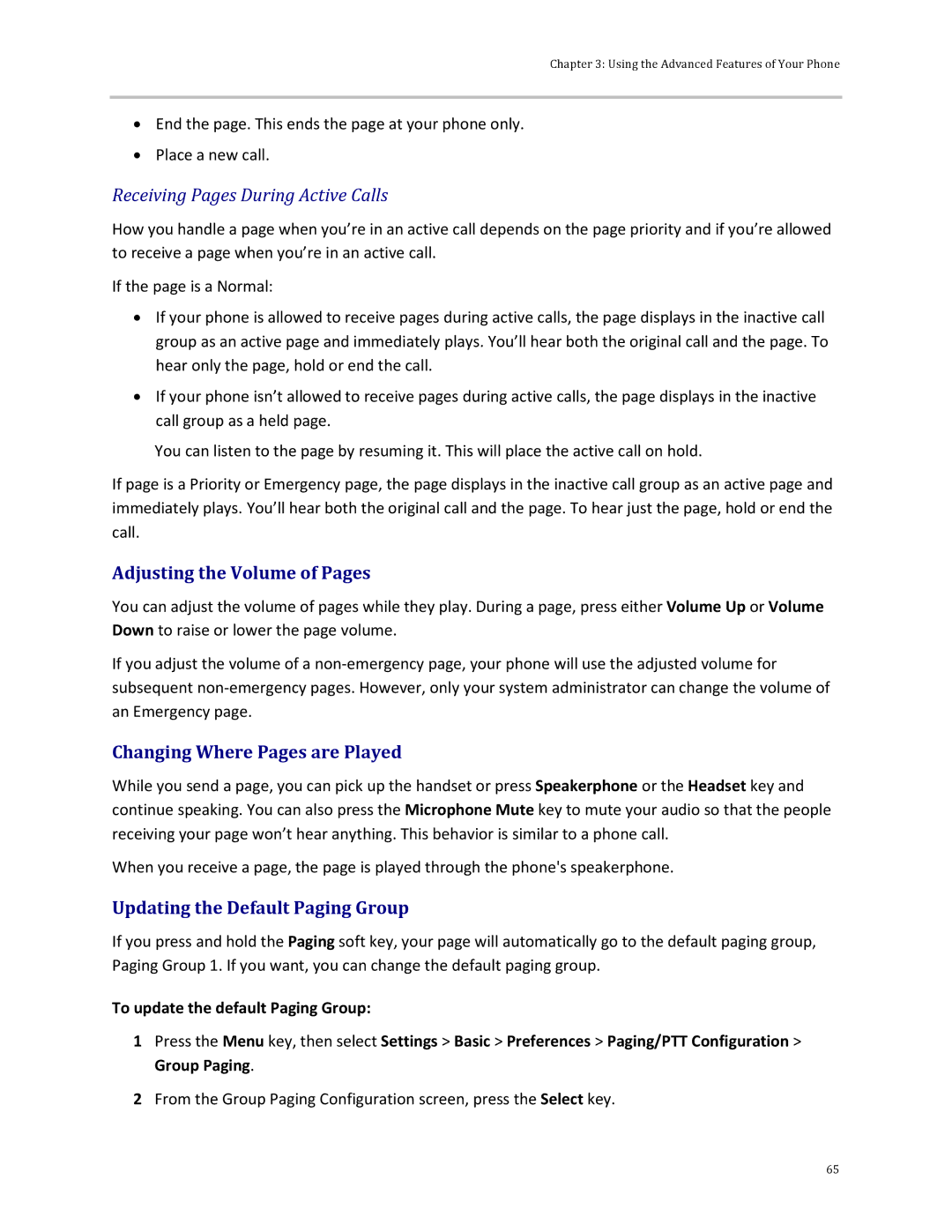 Polycom 32x manual Adjusting the Volume of Pages, Changing Where Pages are Played, Updating the Default Paging Group 