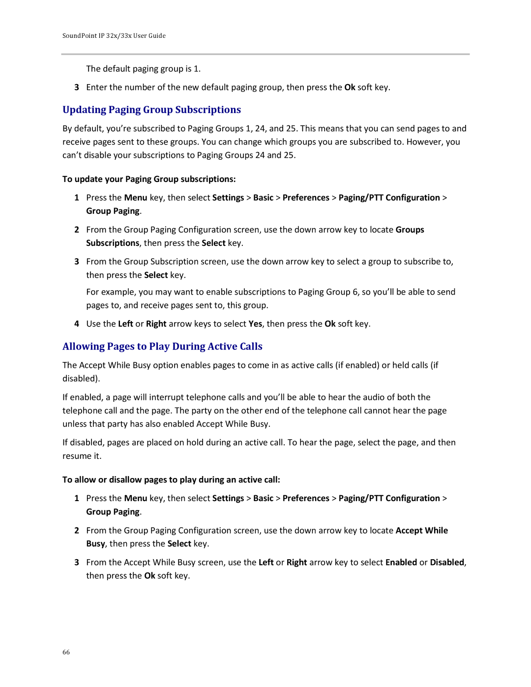 Polycom 32x manual Updating Paging Group Subscriptions, Allowing Pages to Play During Active Calls 