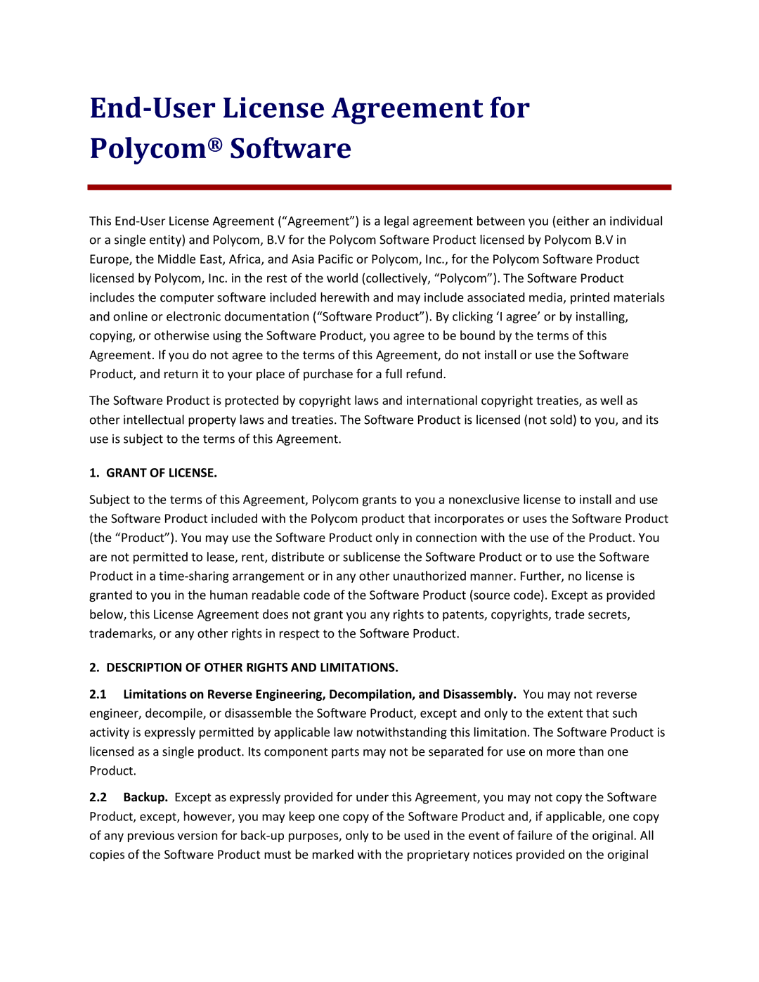 Polycom 32x manual End-User License Agreement for Polycom Software, Grant of License 