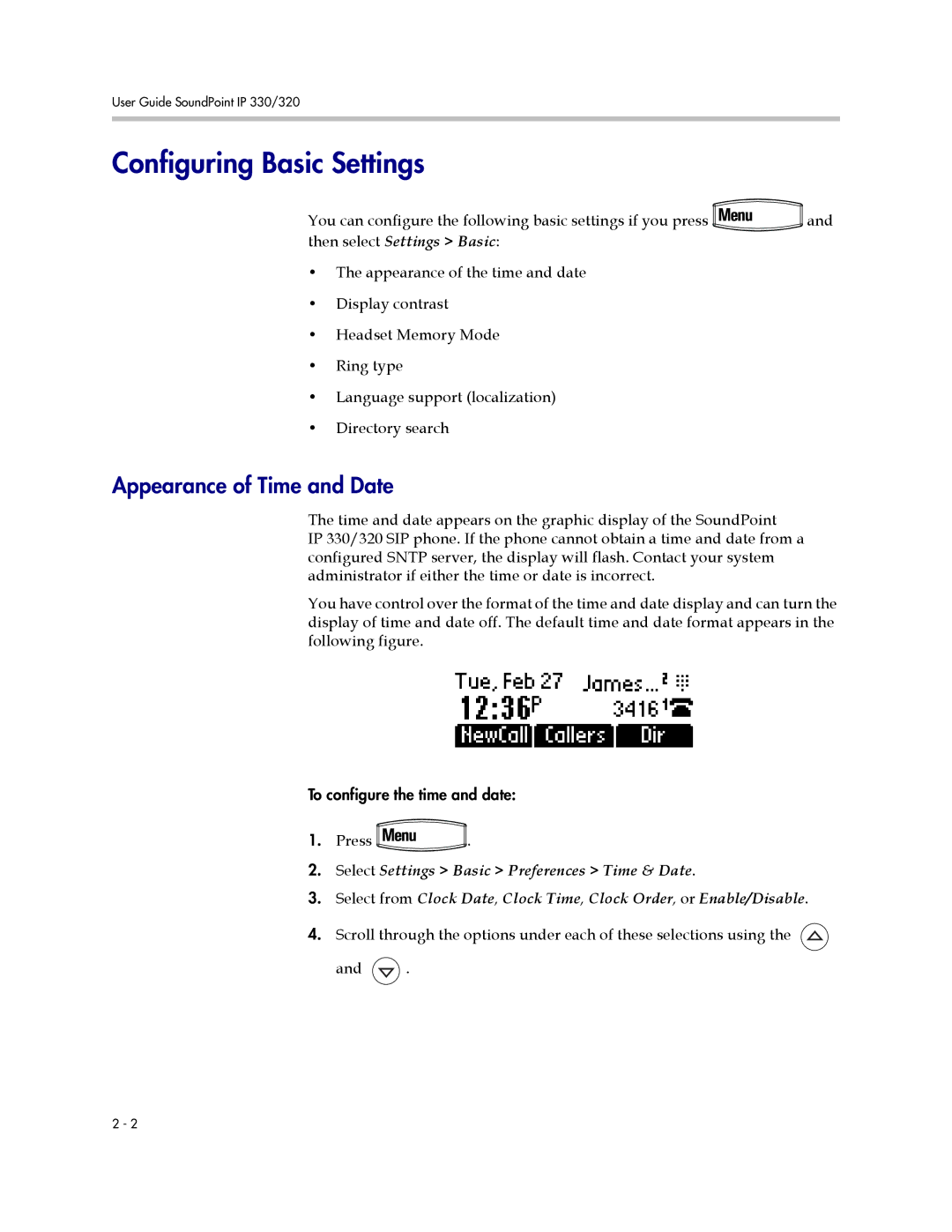 Polycom 330, 320 manual Configuring Basic Settings, Appearance of Time and Date, Then select Settings Basic 
