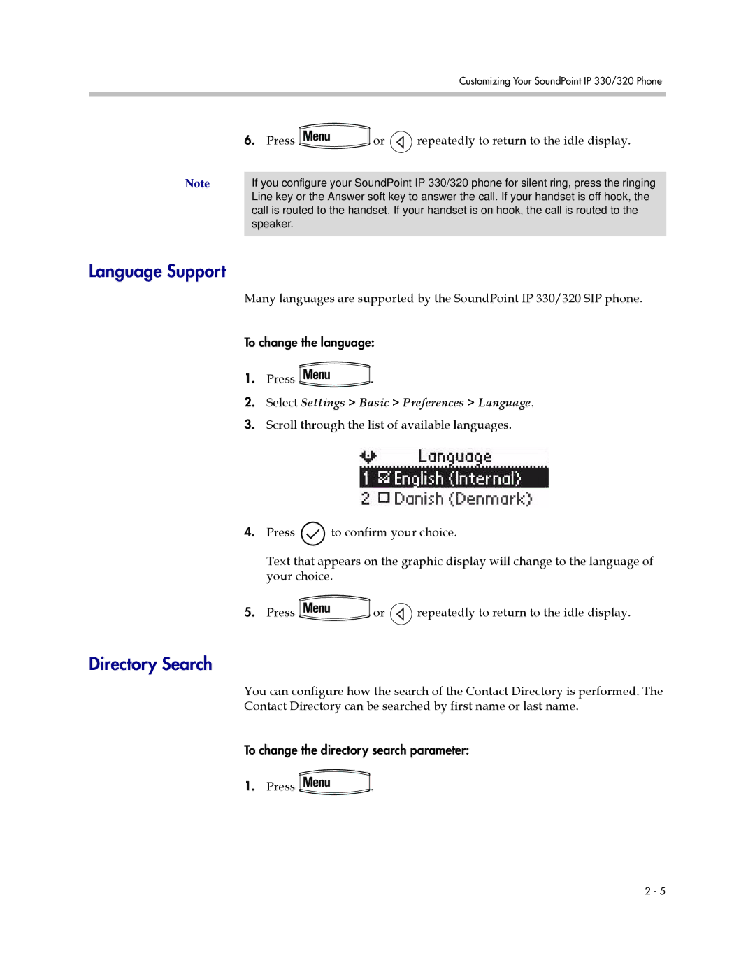 Polycom 320, 330 manual Language Support, Directory Search, Select Settings Basic Preferences Language 