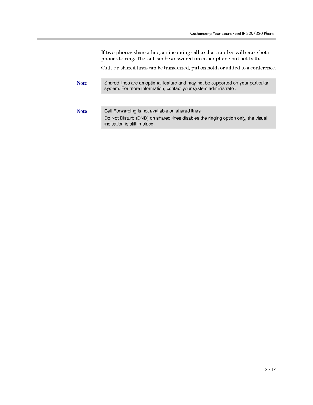 Polycom 320, 330 manual Call Forwarding is not available on shared lines 