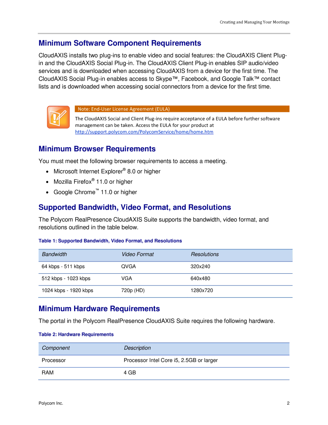 Polycom 3725-03305-001 manual Minimum Software Component Requirements, Minimum Browser Requirements 