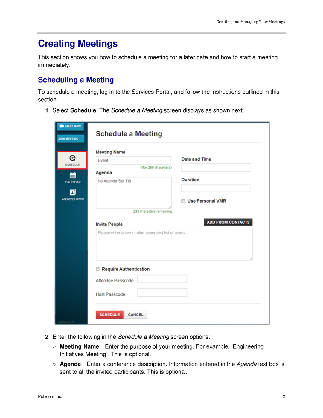 Polycom 3725-03305-001 manual Creating Meetings, Scheduling a Meeting 