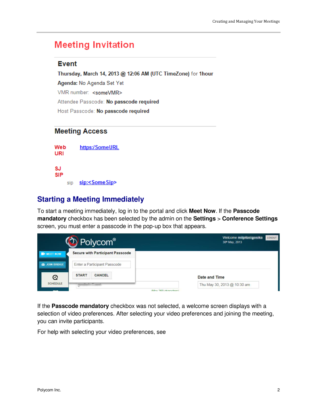 Polycom 3725-03305-001 manual Starting a Meeting Immediately 