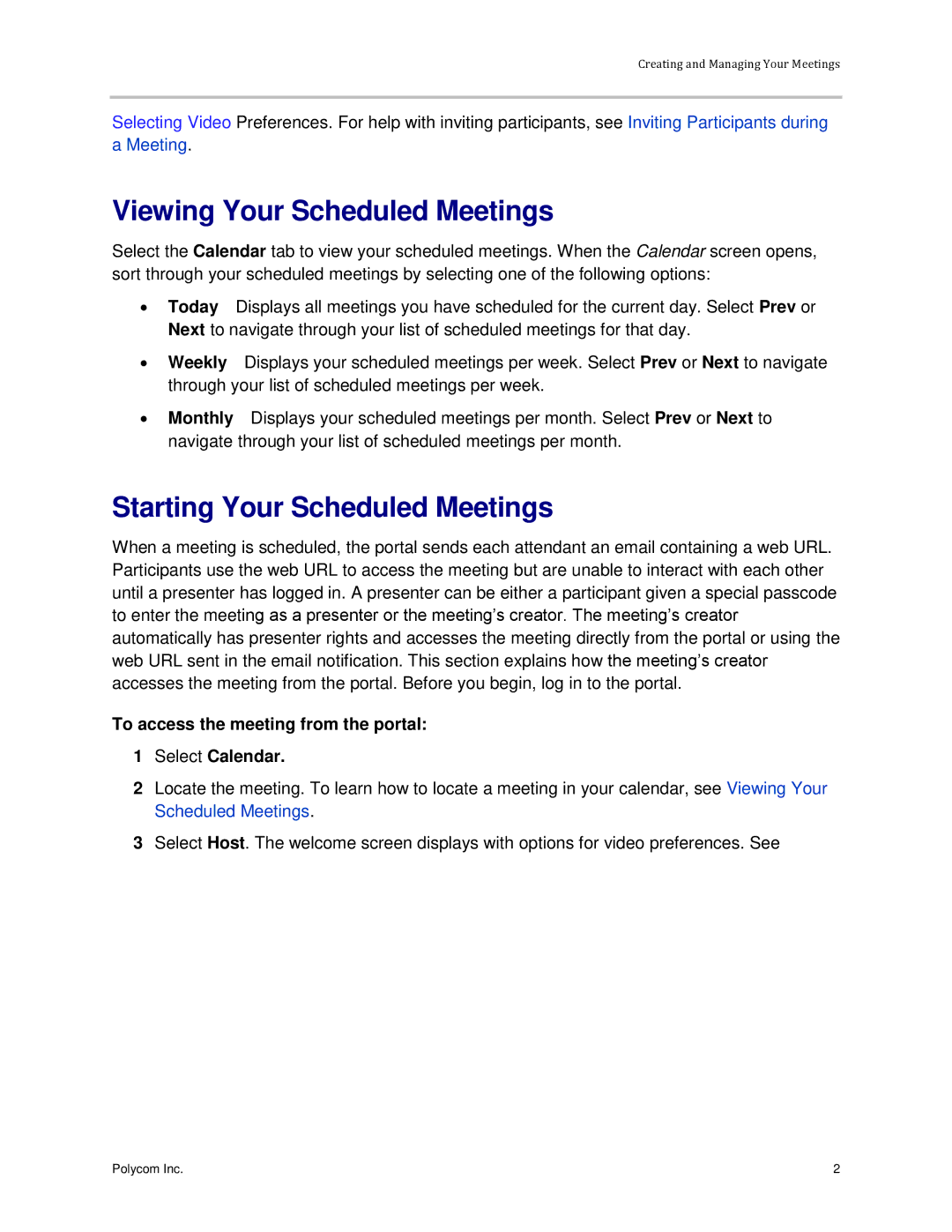 Polycom 3725-03305-001 manual Viewing Your Scheduled Meetings, Starting Your Scheduled Meetings 