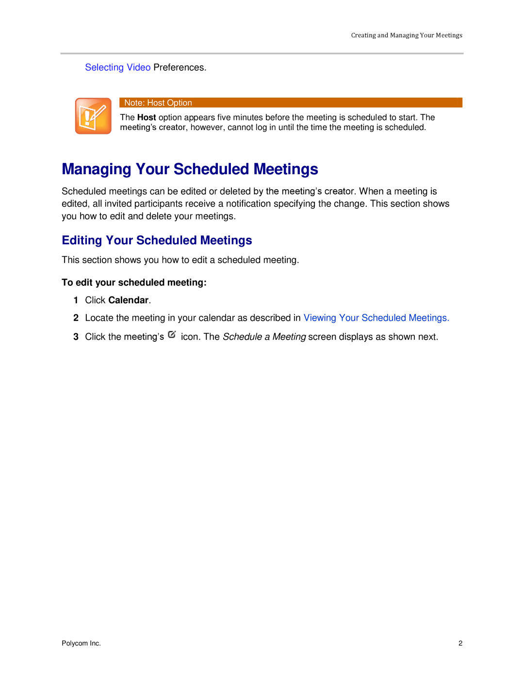 Polycom 3725-03305-001 manual Managing Your Scheduled Meetings, Editing Your Scheduled Meetings 