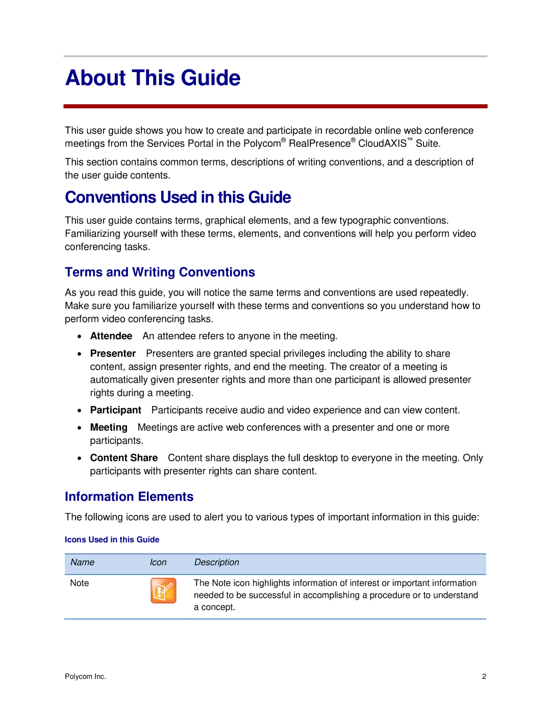 Polycom 3725-03305-001 manual Conventions Used in this Guide, Terms and Writing Conventions, Information Elements 