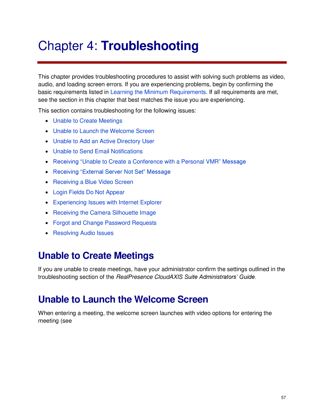 Polycom 3725-03305-001 manual Unable to Create Meetings, Unable to Launch the Welcome Screen 