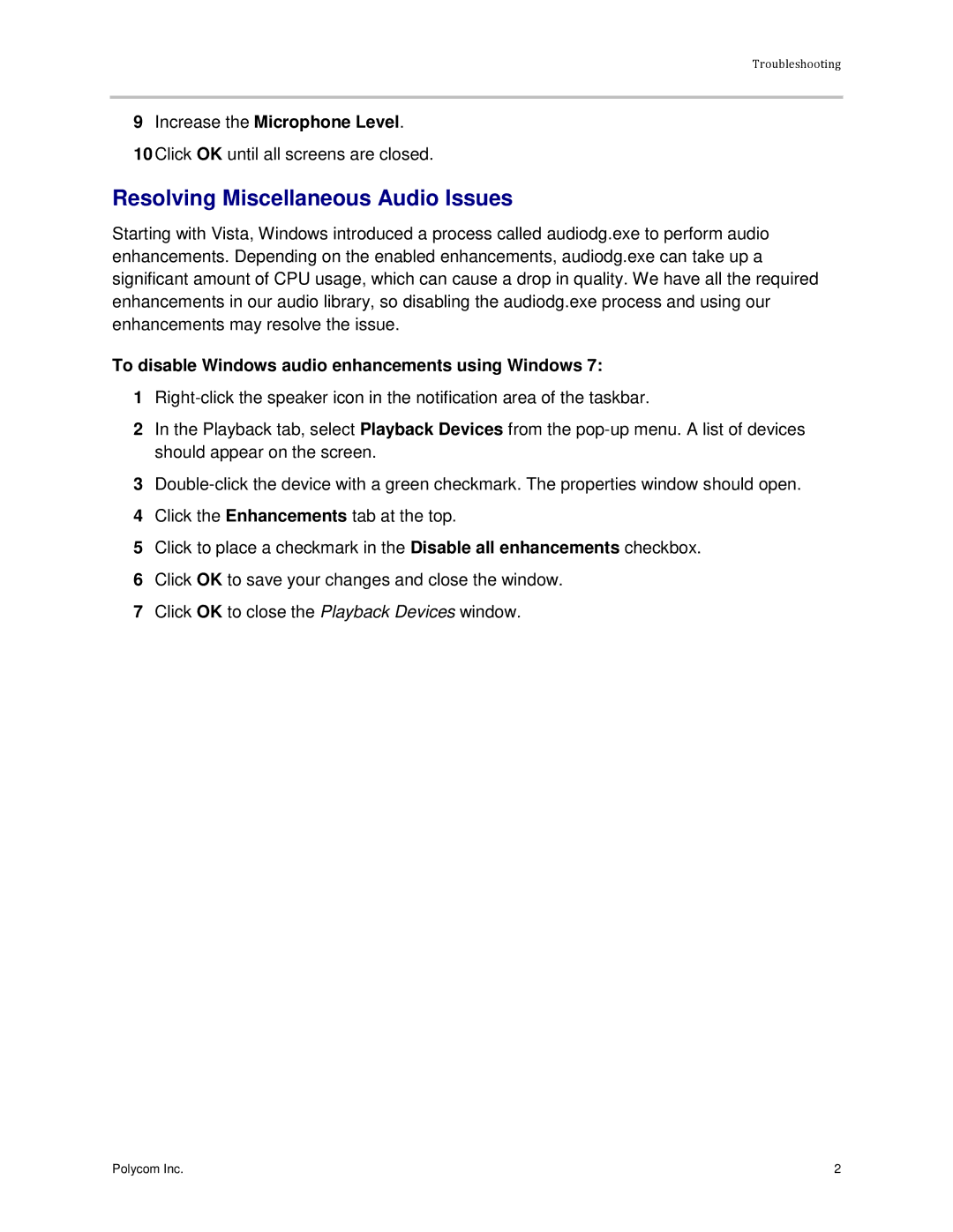 Polycom 3725-03305-001 manual Resolving Miscellaneous Audio Issues, Increase the Microphone Level 