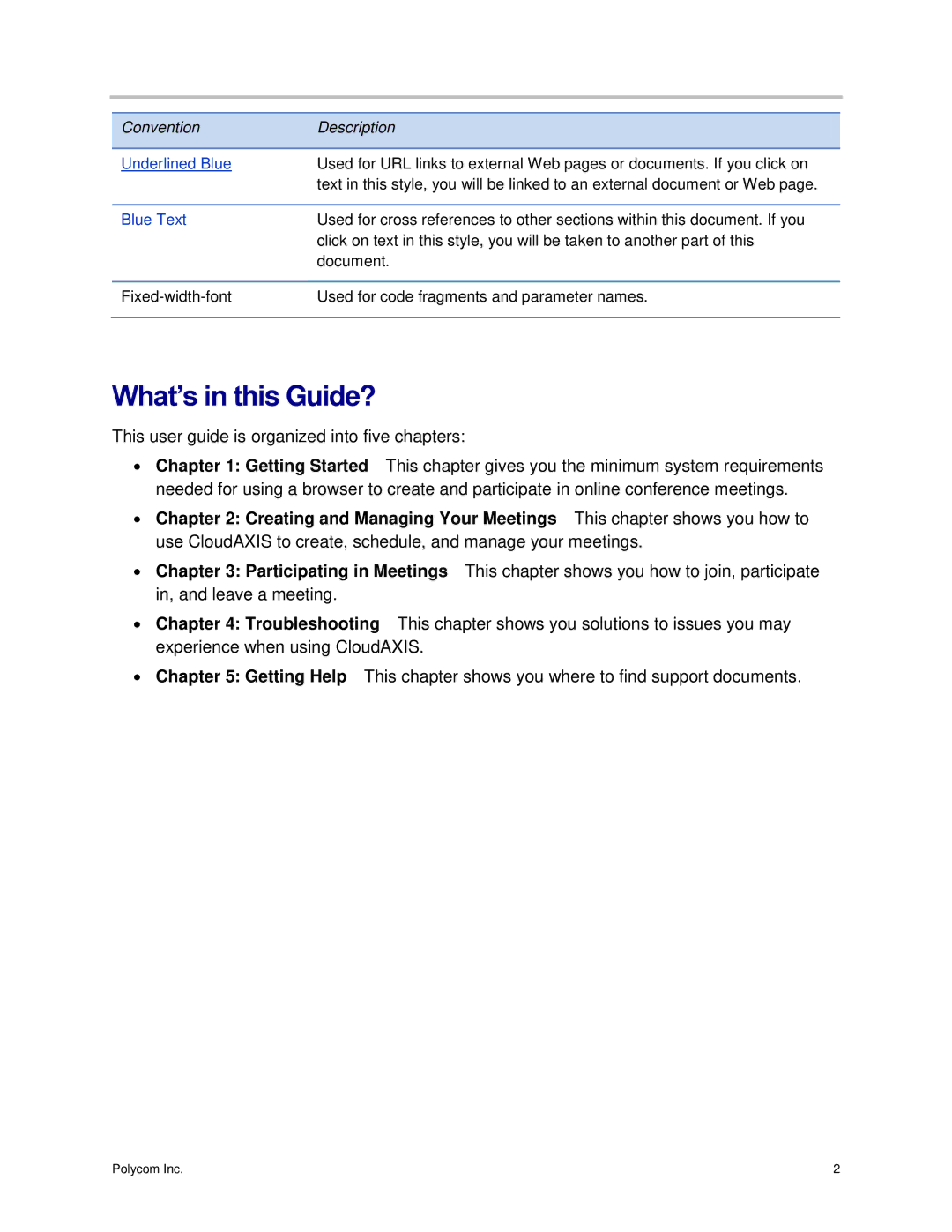 Polycom 3725-03305-001 manual What’s in this Guide?, Underlined Blue 