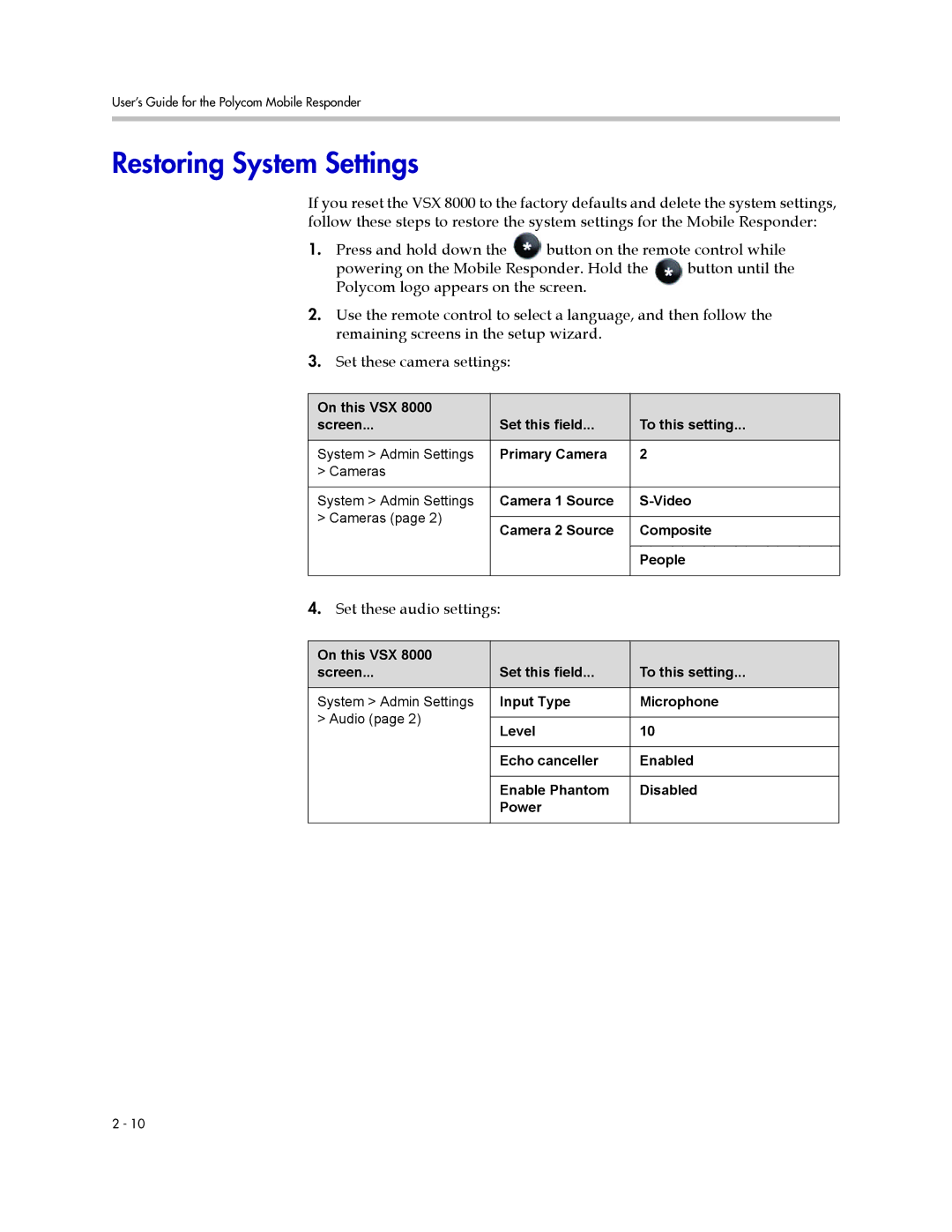 Polycom 3725-23487-003/A manual Restoring System Settings, Set these audio settings 