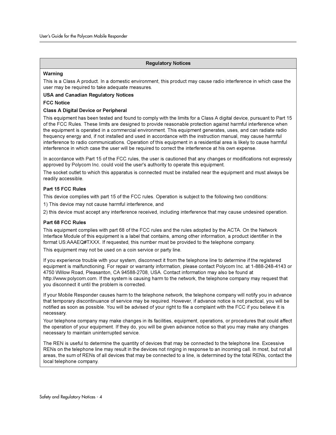 Polycom 3725-23487-003/A manual Regulatory Notices, Part 15 FCC Rules, Part 68 FCC Rules 