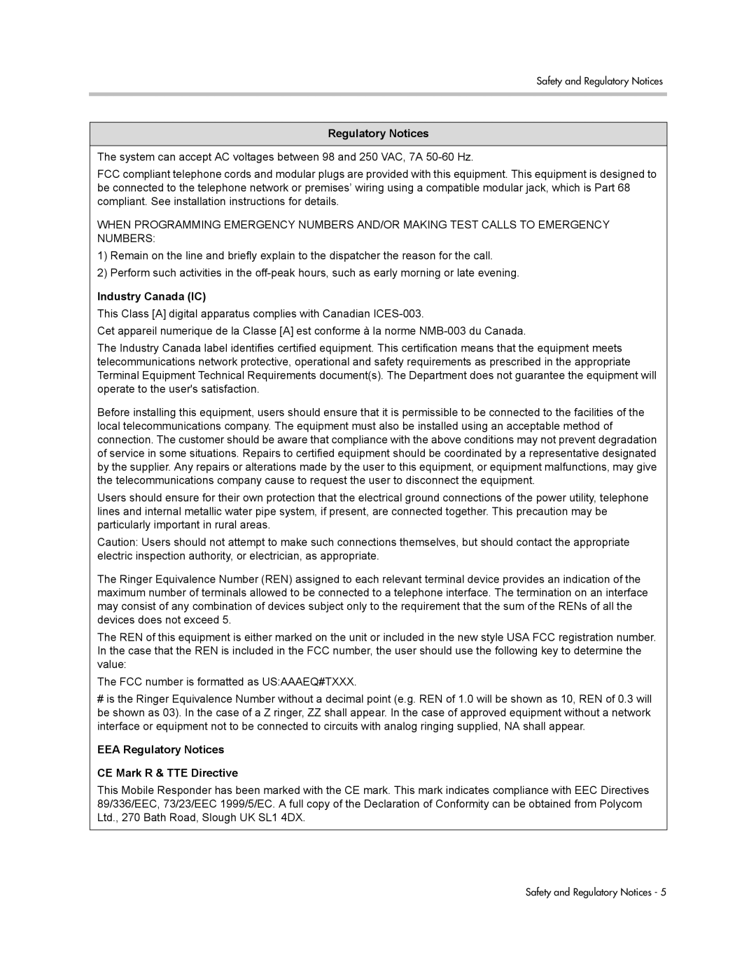 Polycom 3725-23487-003/A manual Industry Canada IC, EEA Regulatory Notices CE Mark R & TTE Directive 