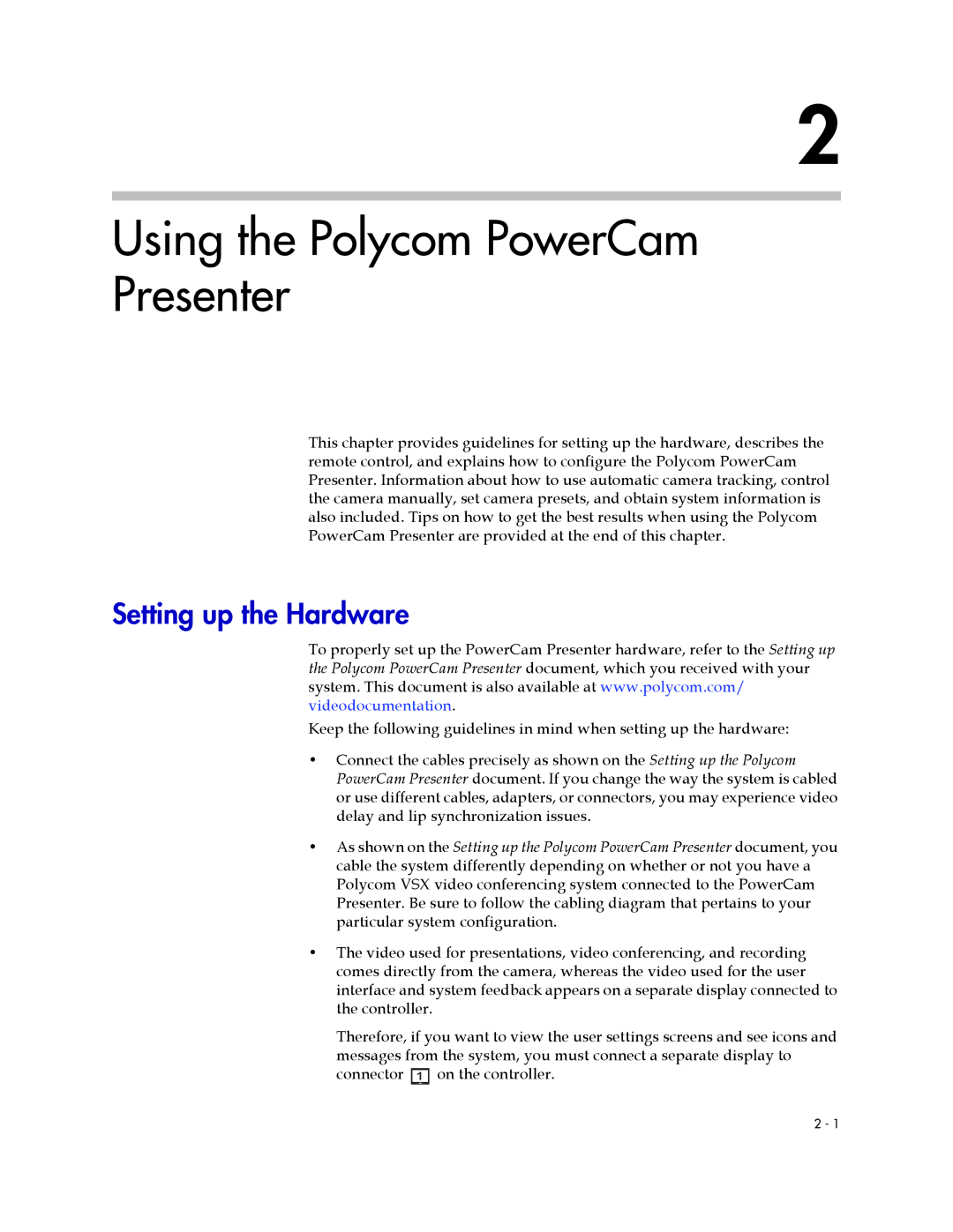 Polycom 3725-24004-001/A manual Using the Polycom PowerCam Presenter, Setting up the Hardware 