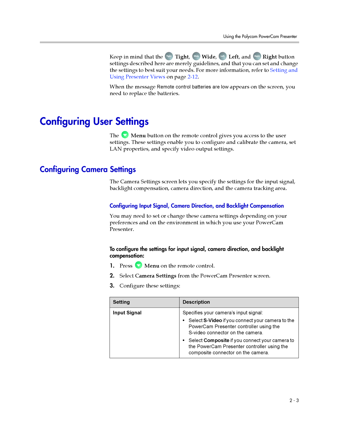 Polycom 3725-24004-001/A manual Configuring User Settings, Configuring Camera Settings, Setting Description Input Signal 