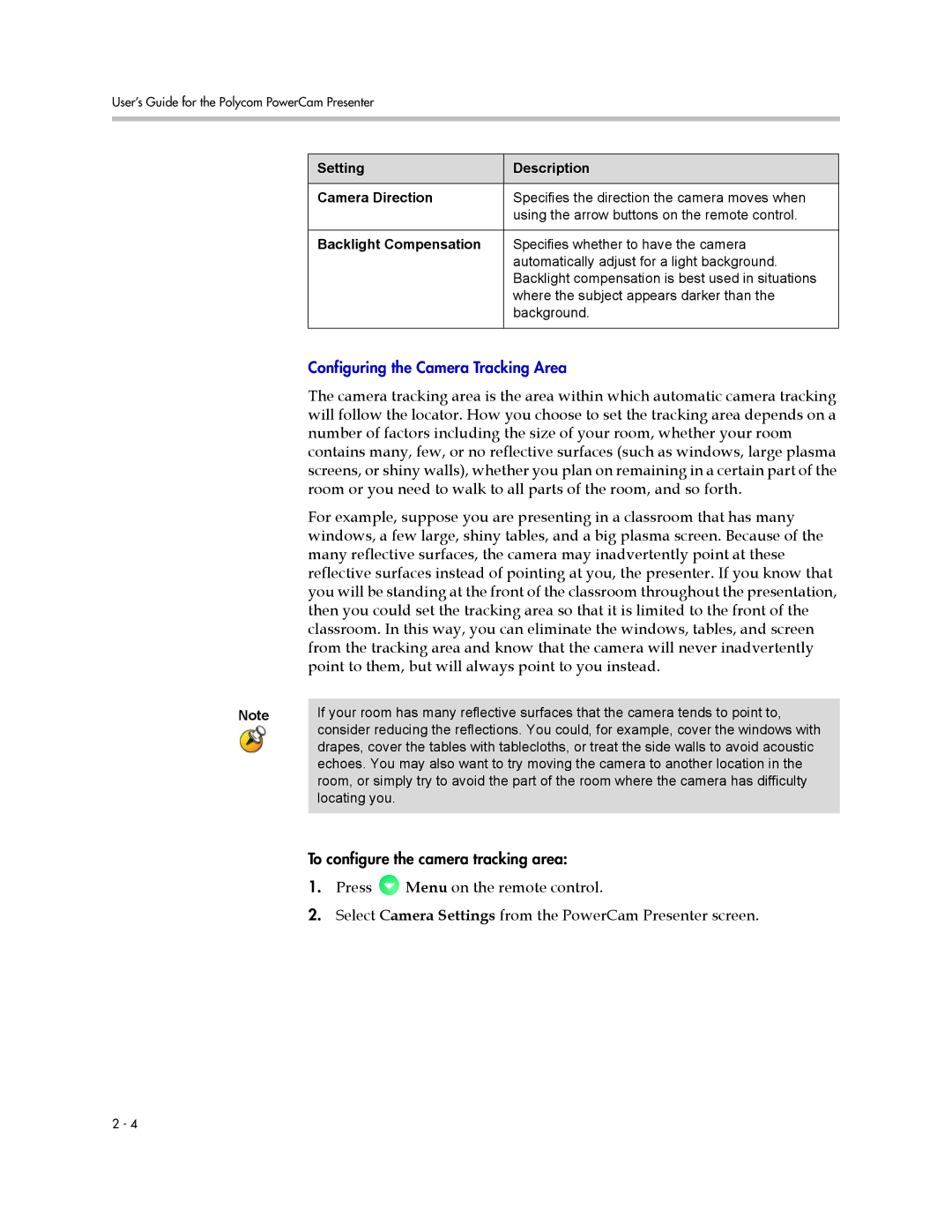 Polycom 3725-24004-001/A manual Setting Description Camera Direction, Backlight Compensation 