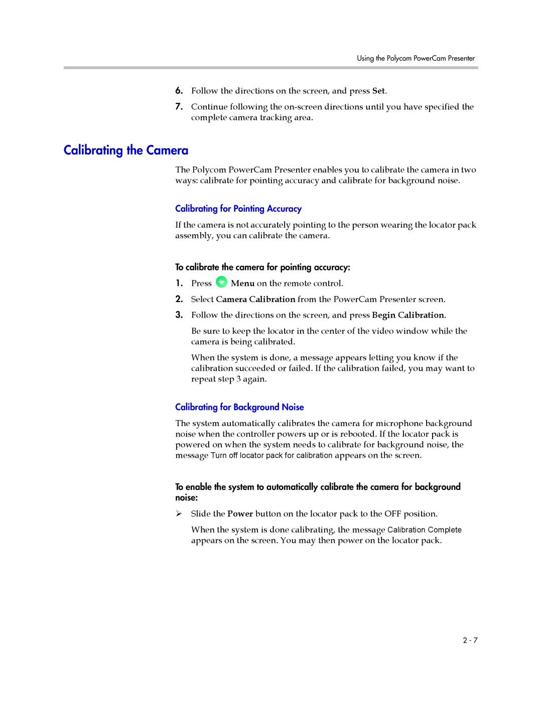 Polycom 3725-24004-001/A manual Calibrating the Camera, Calibrating for Background Noise 