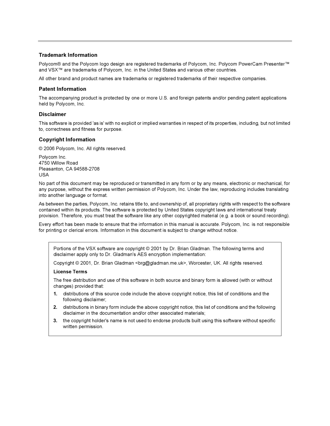 Polycom 3725-24004-001/A manual Trademark Information, License Terms 