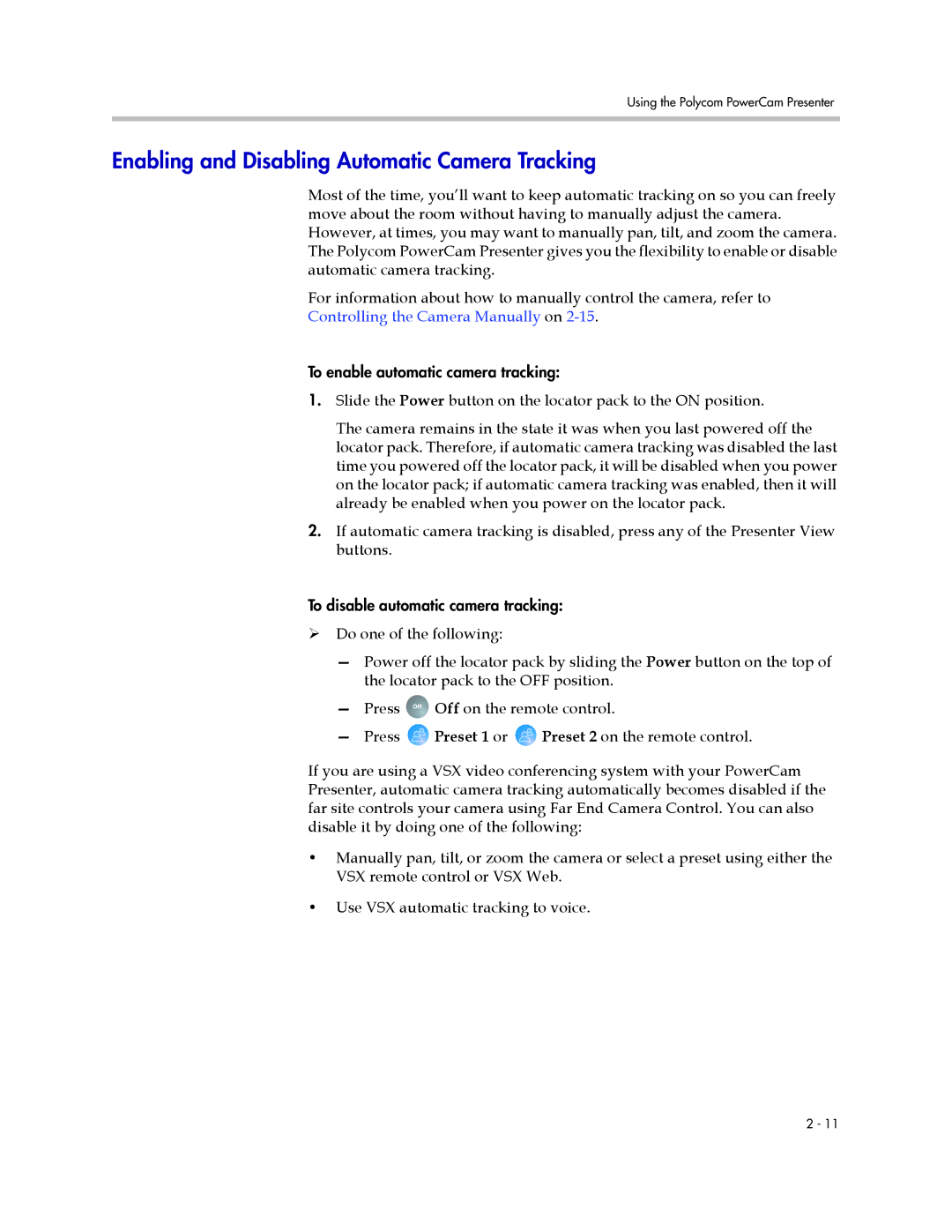 Polycom 3725-24004-001/A manual Enabling and Disabling Automatic Camera Tracking 