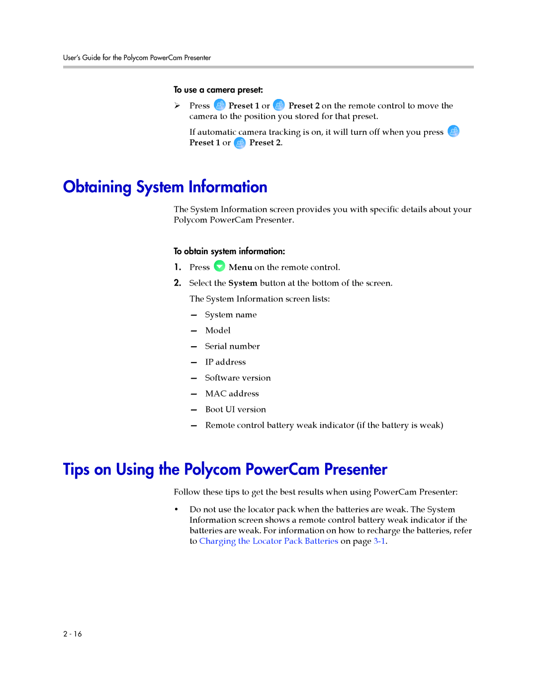 Polycom 3725-24004-001/A manual Obtaining System Information, Tips on Using the Polycom PowerCam Presenter 