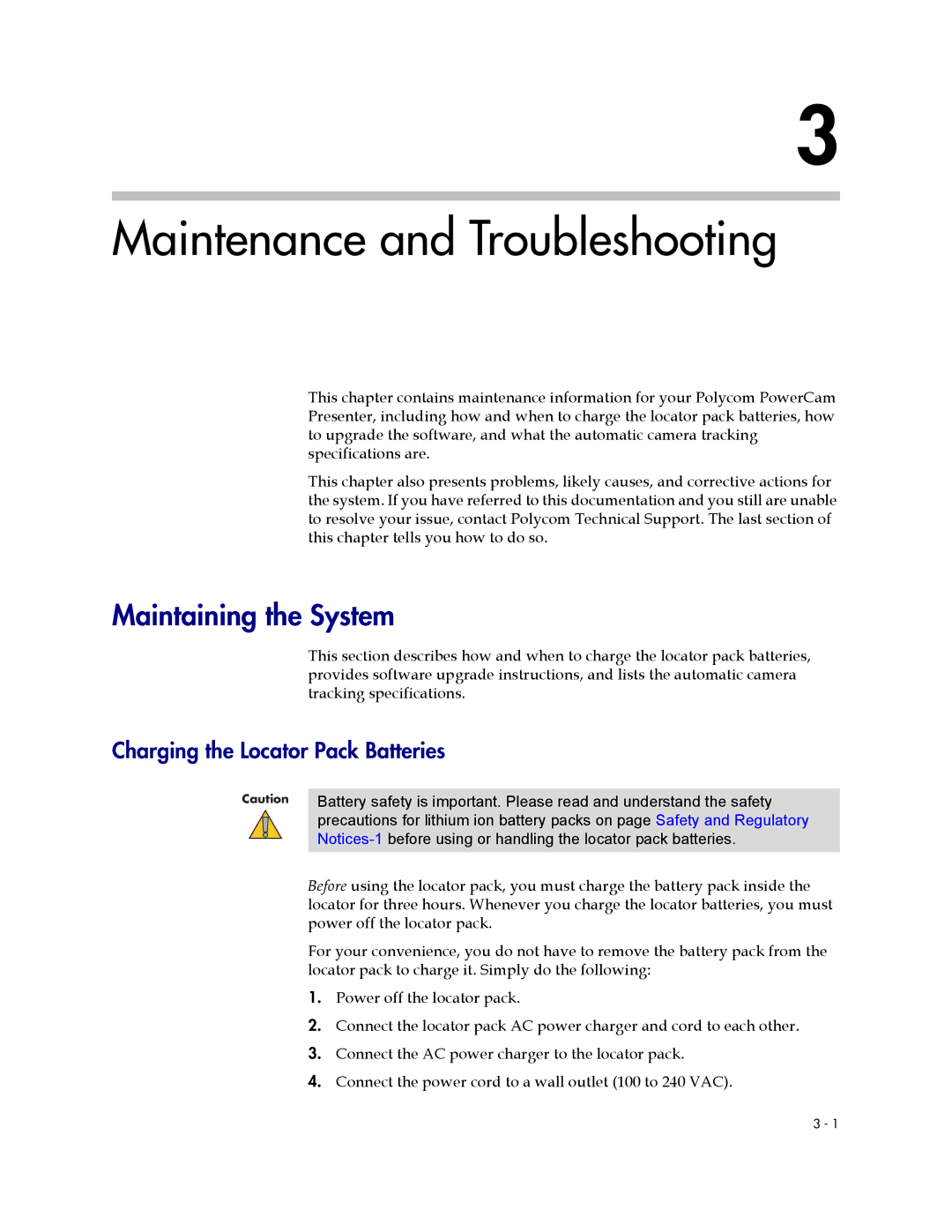 Polycom 3725-24004-001/A Maintenance and Troubleshooting, Maintaining the System, Charging the Locator Pack Batteries 