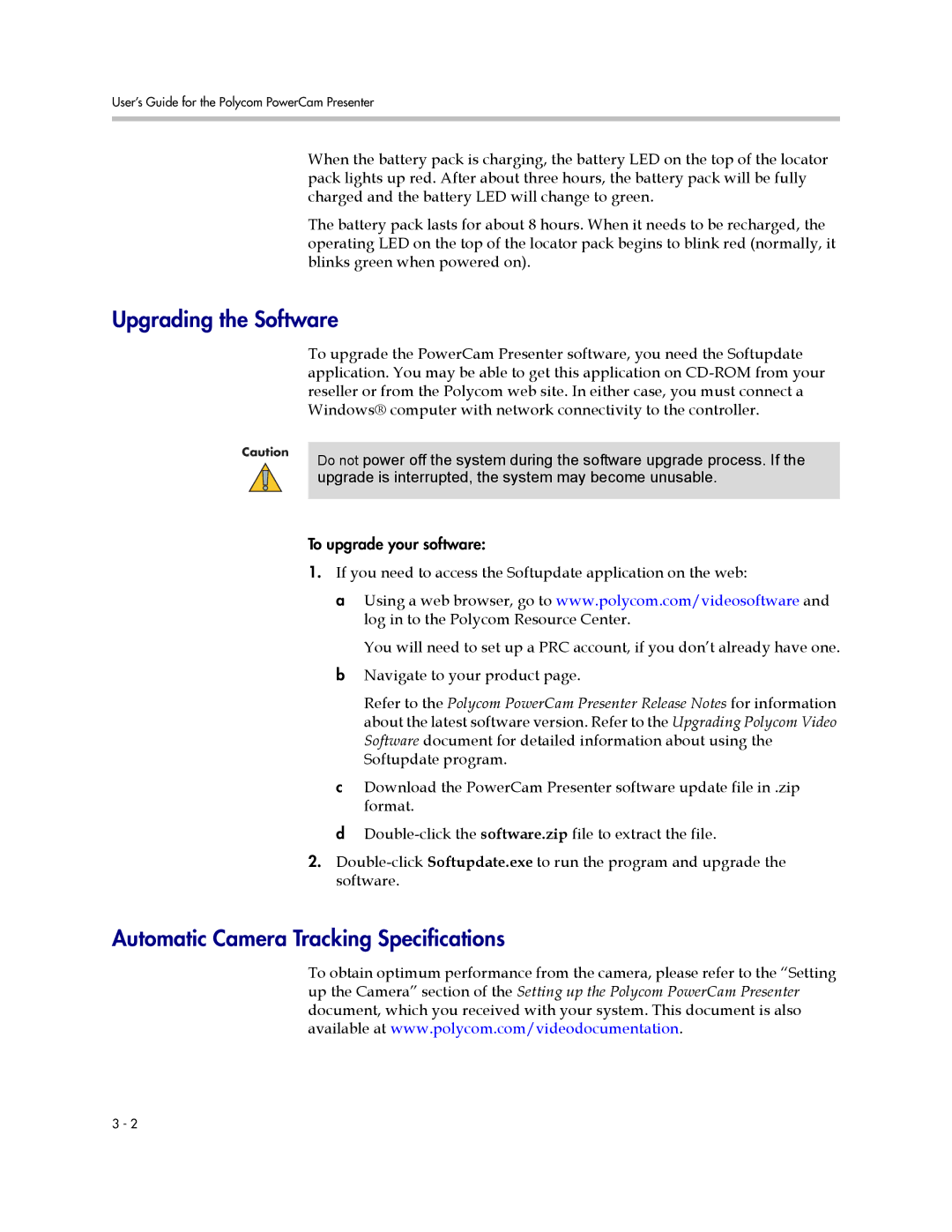 Polycom 3725-24004-001/A manual Upgrading the Software, Automatic Camera Tracking Specifications 