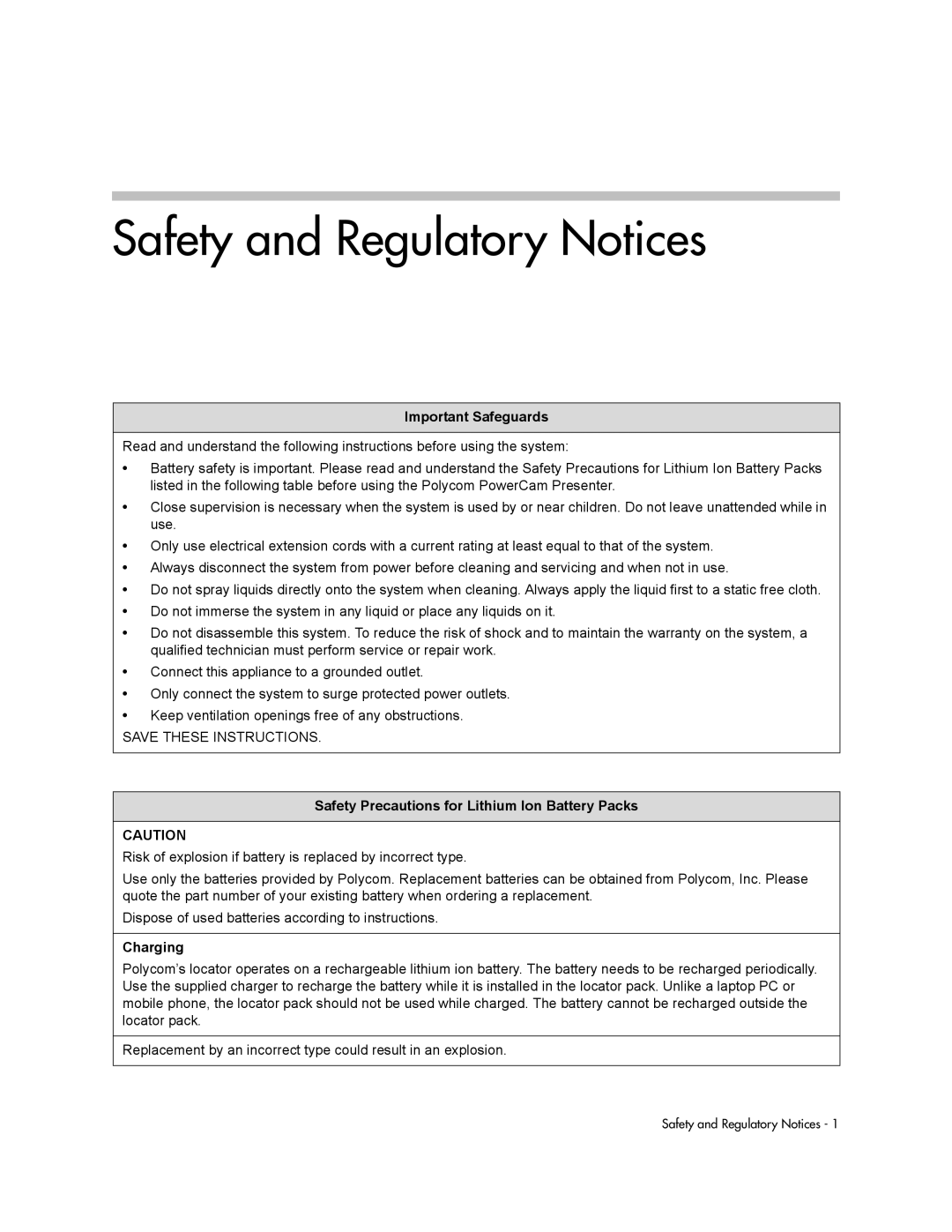 Polycom 3725-24004-001/A manual Safety and Regulatory Notices, Important Safeguards, Charging 