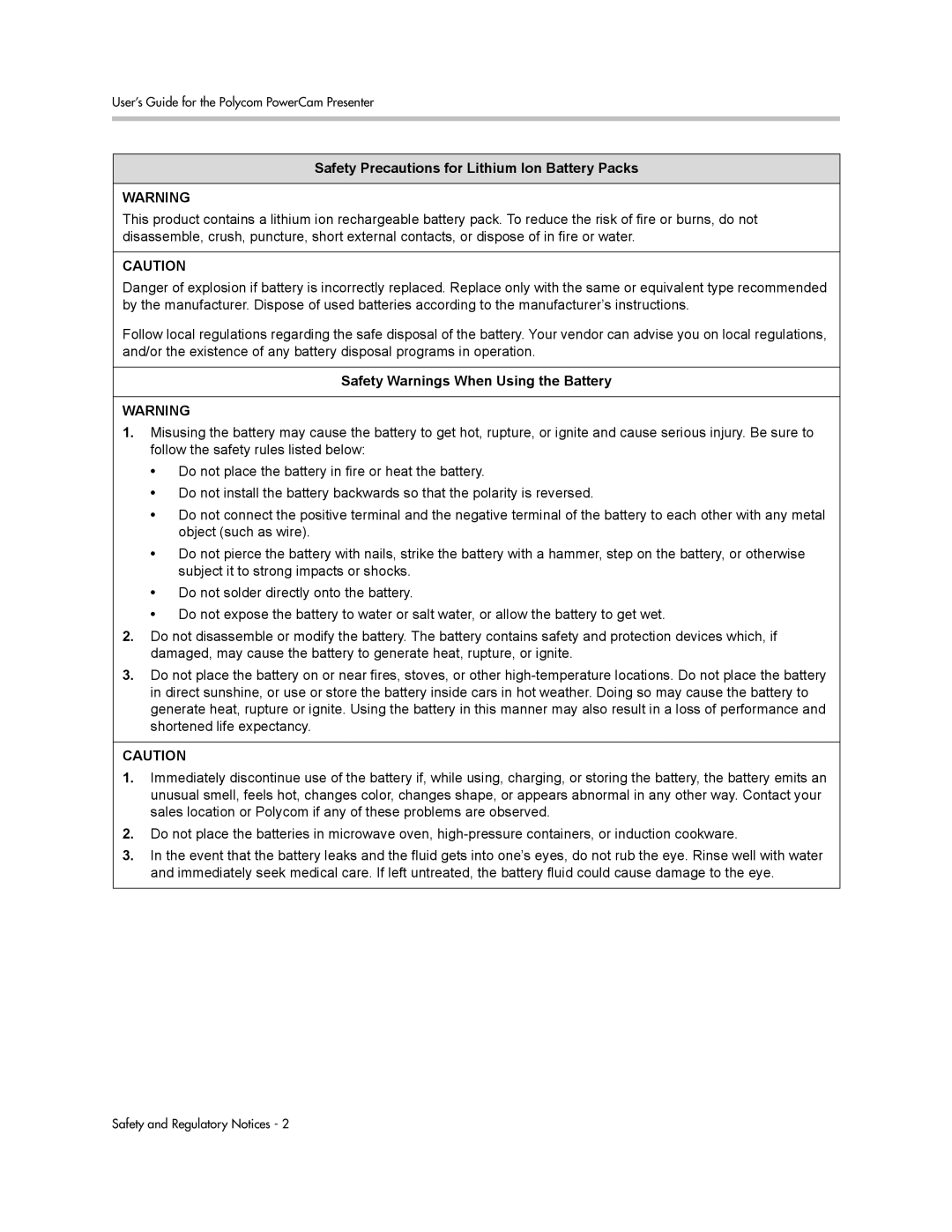 Polycom 3725-24004-001/A manual Safety Warnings When Using the Battery 