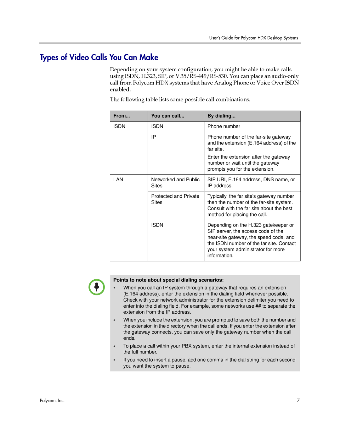 Polycom 3725-26470-004/A manual Types of Video Calls You Can Make, From You can call By dialing 