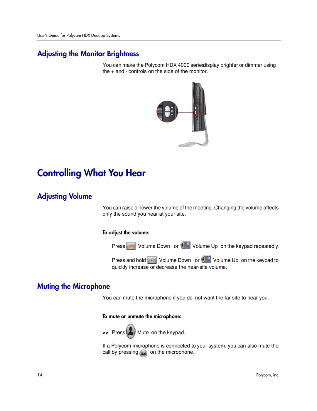 Polycom 3725-26470-004/A manual Controlling What You Hear, Adjusting the Monitor Brightness, Adjusting Volume 