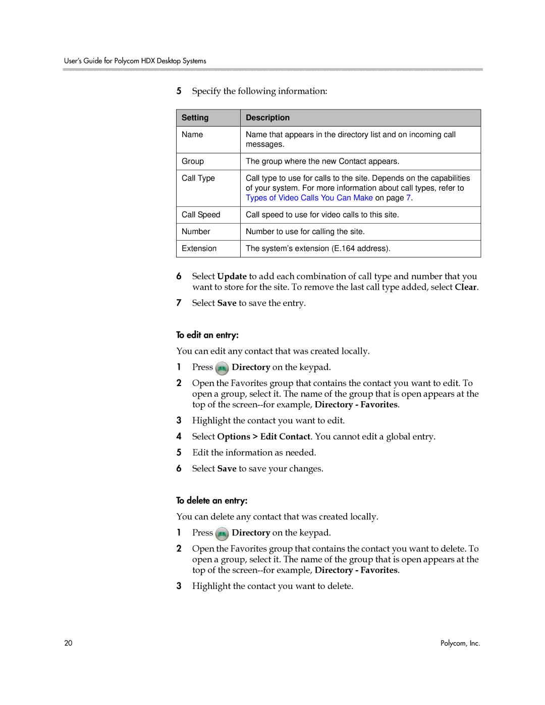 Polycom 3725-26470-004/A manual Specify the following information, Setting Description 