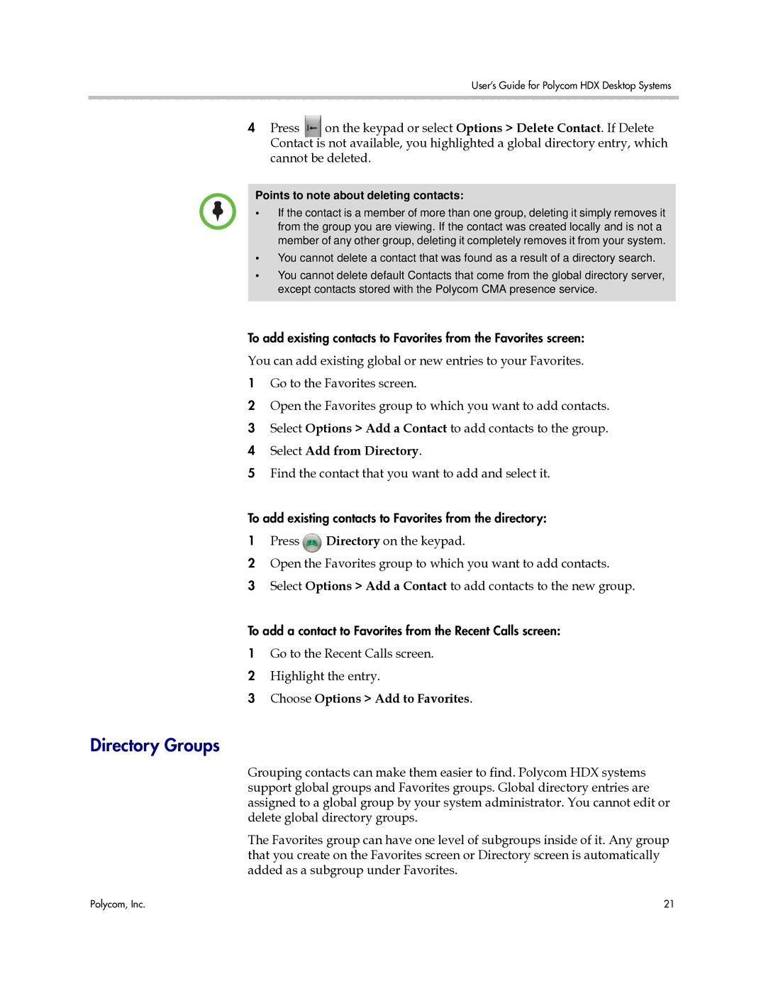 Polycom 3725-26470-004/A manual Directory Groups, Select Add from Directory, Choose Options Add to Favorites 