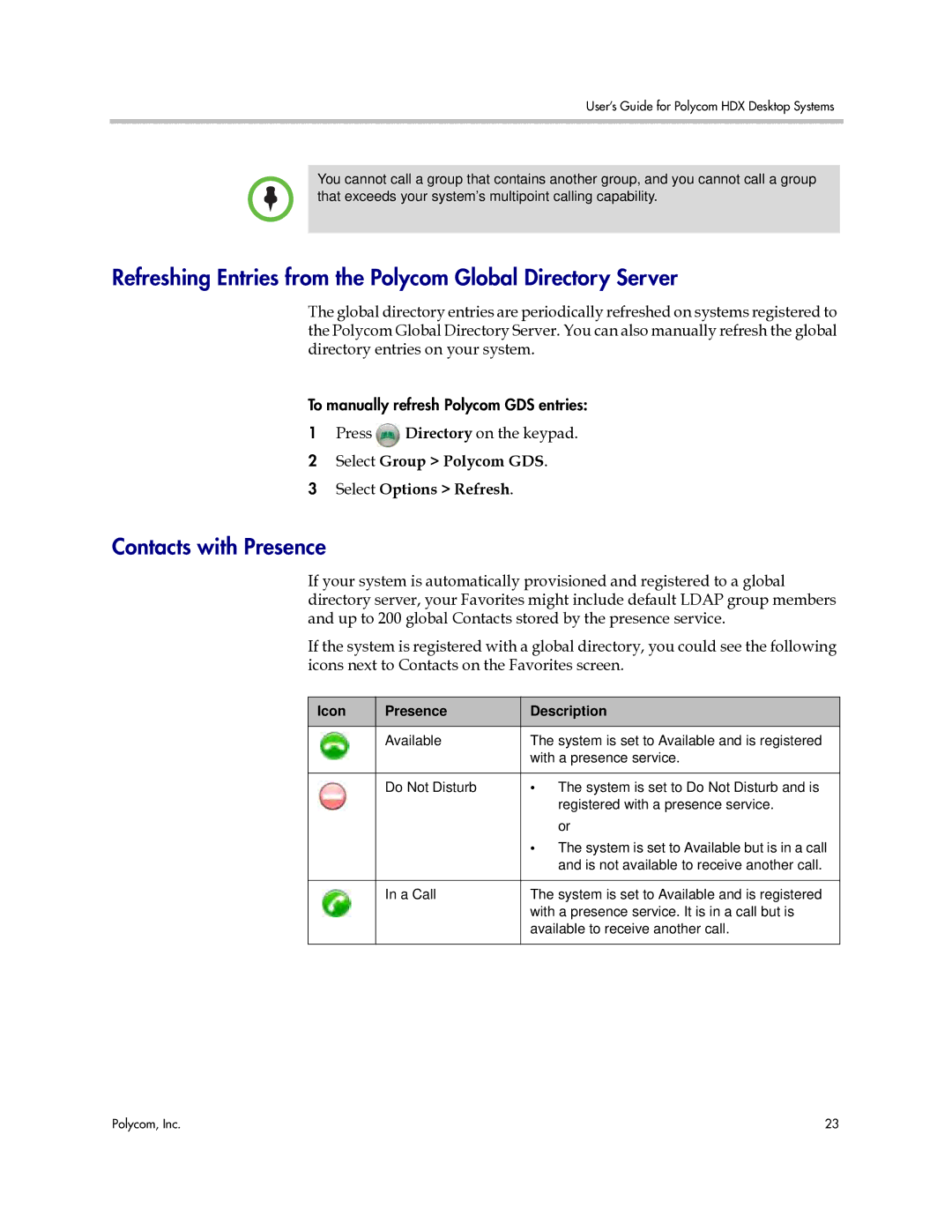 Polycom 3725-26470-004/A manual Refreshing Entries from the Polycom Global Directory Server, Contacts with Presence 