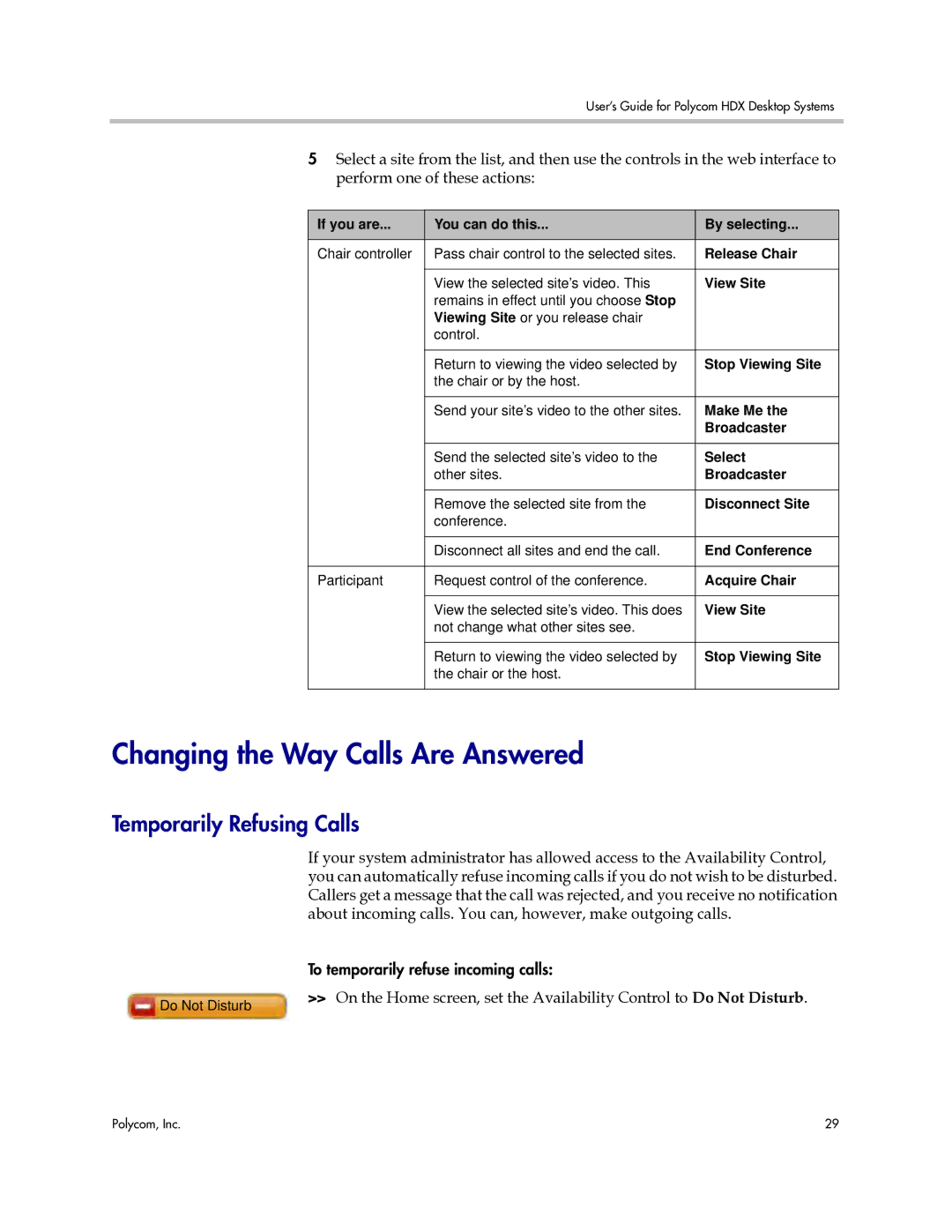 Polycom 3725-26470-004/A manual Changing the Way Calls Are Answered, Temporarily Refusing Calls 