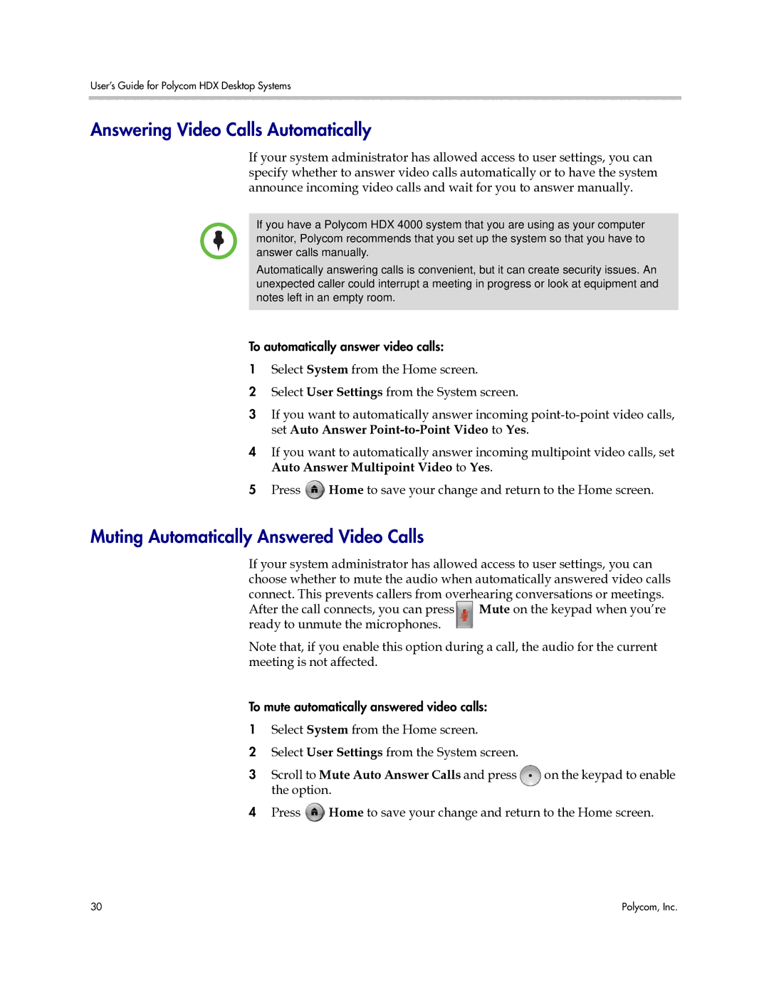 Polycom 3725-26470-004/A manual Answering Video Calls Automatically, Muting Automatically Answered Video Calls 