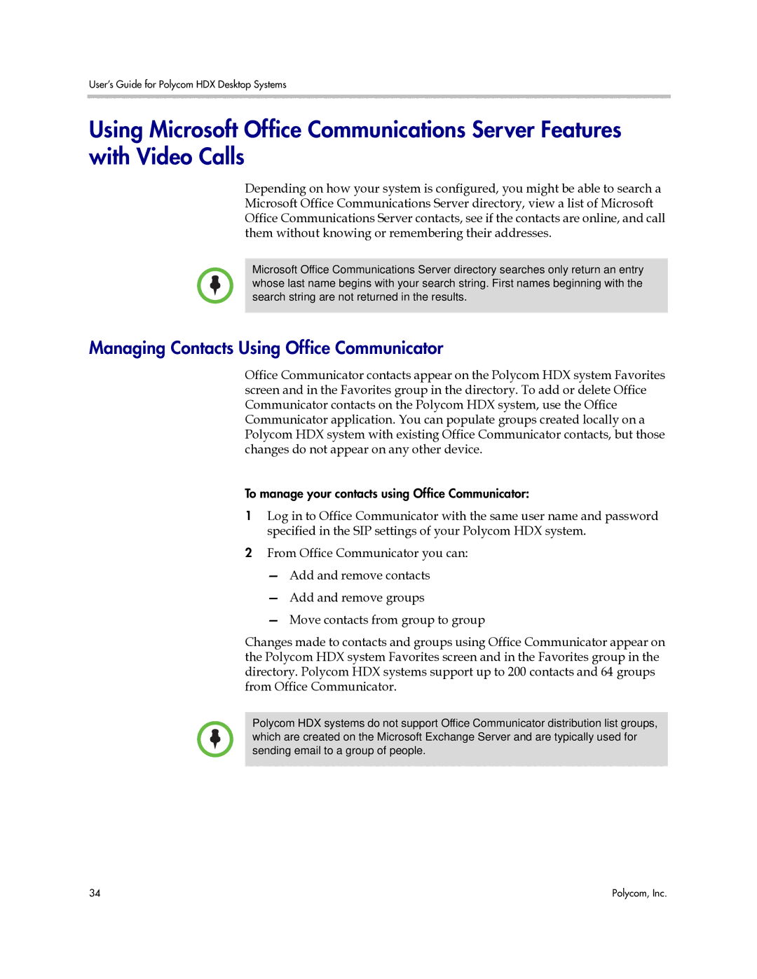 Polycom 3725-26470-004/A manual Managing Contacts Using Office Communicator 