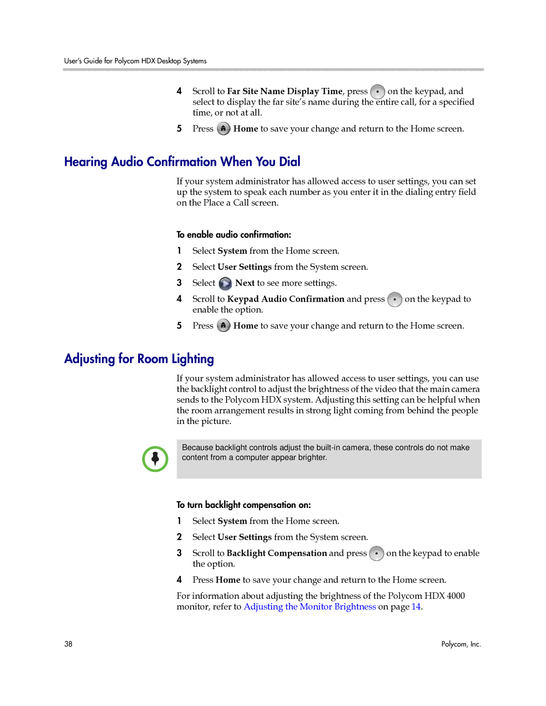 Polycom 3725-26470-004/A manual Hearing Audio Confirmation When You Dial, Adjusting for Room Lighting 