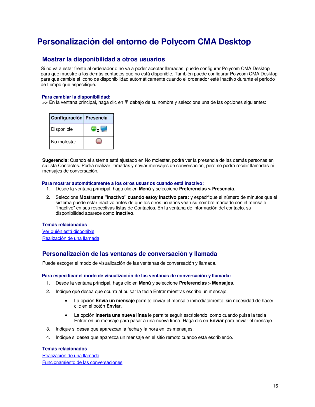 Polycom 3725-26798-002 Personalización del entorno de Polycom CMA Desktop, Mostrar la disponibilidad a otros usuarios 