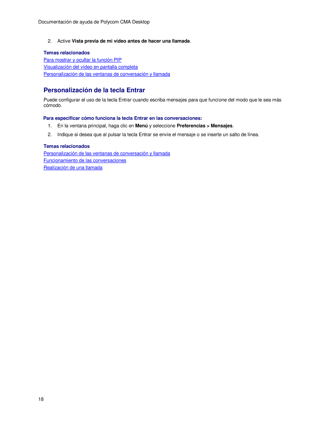 Polycom 3725-26798-002 Personalización de la tecla Entrar, Active Vista previa de mi vídeo antes de hacer una llamada 