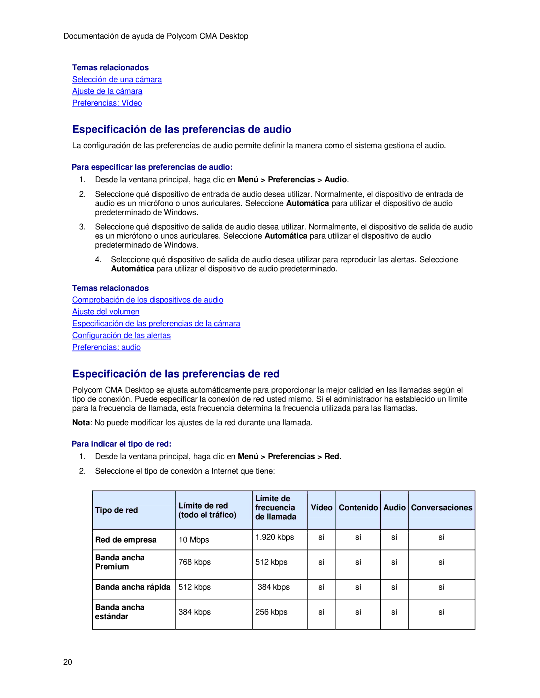 Polycom 3725-26798-002 manual Especificación de las preferencias de audio, Especificación de las preferencias de red 