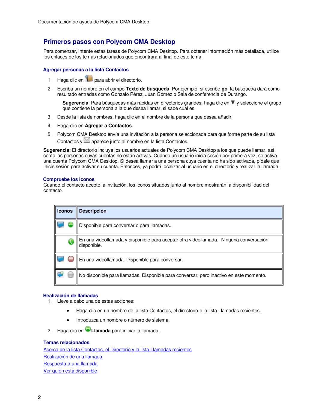 Polycom 3725-26798-002 Primeros pasos con Polycom CMA Desktop, Agregar personas a la lista Contactos, Compruebe los iconos 