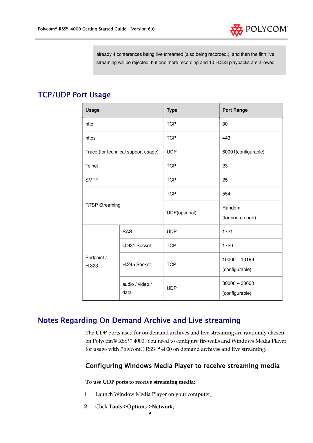 Polycom 3725-32871-002/A manual TCP/UDP Port Usage, Configuring Windows Media Player to receive streaming media 