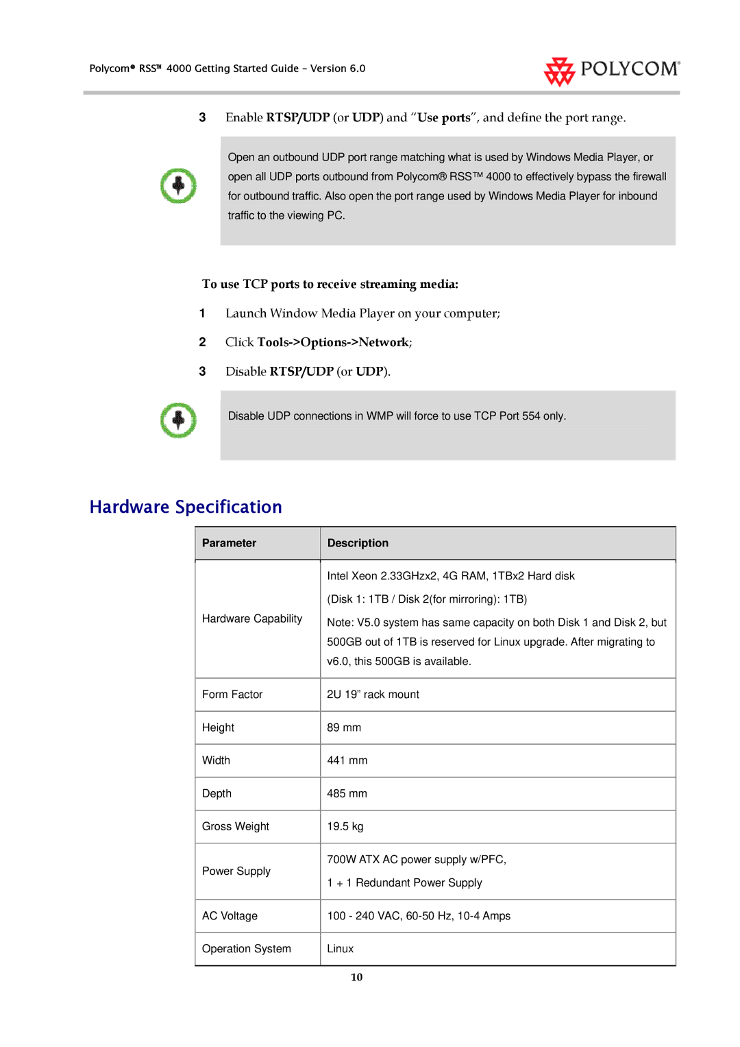 Polycom 3725-32871-002/A manual Hardware Specification, To use TCP ports to receive streaming media 