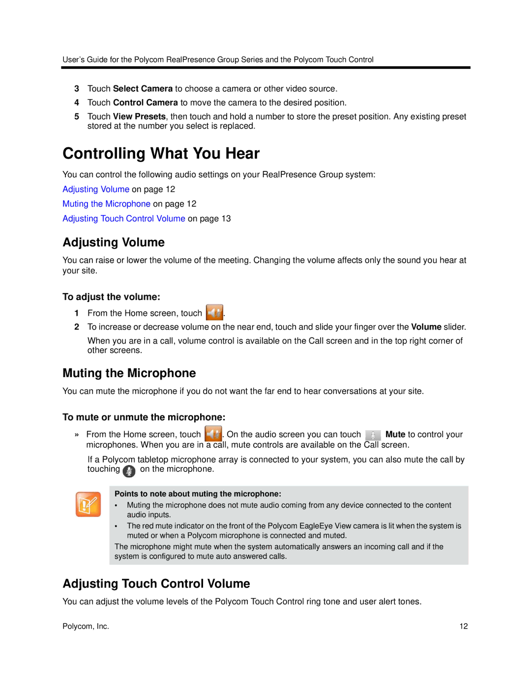 Polycom 3725-64325-005 Controlling What You Hear, Adjusting Volume, Muting the Microphone, Adjusting Touch Control Volume 