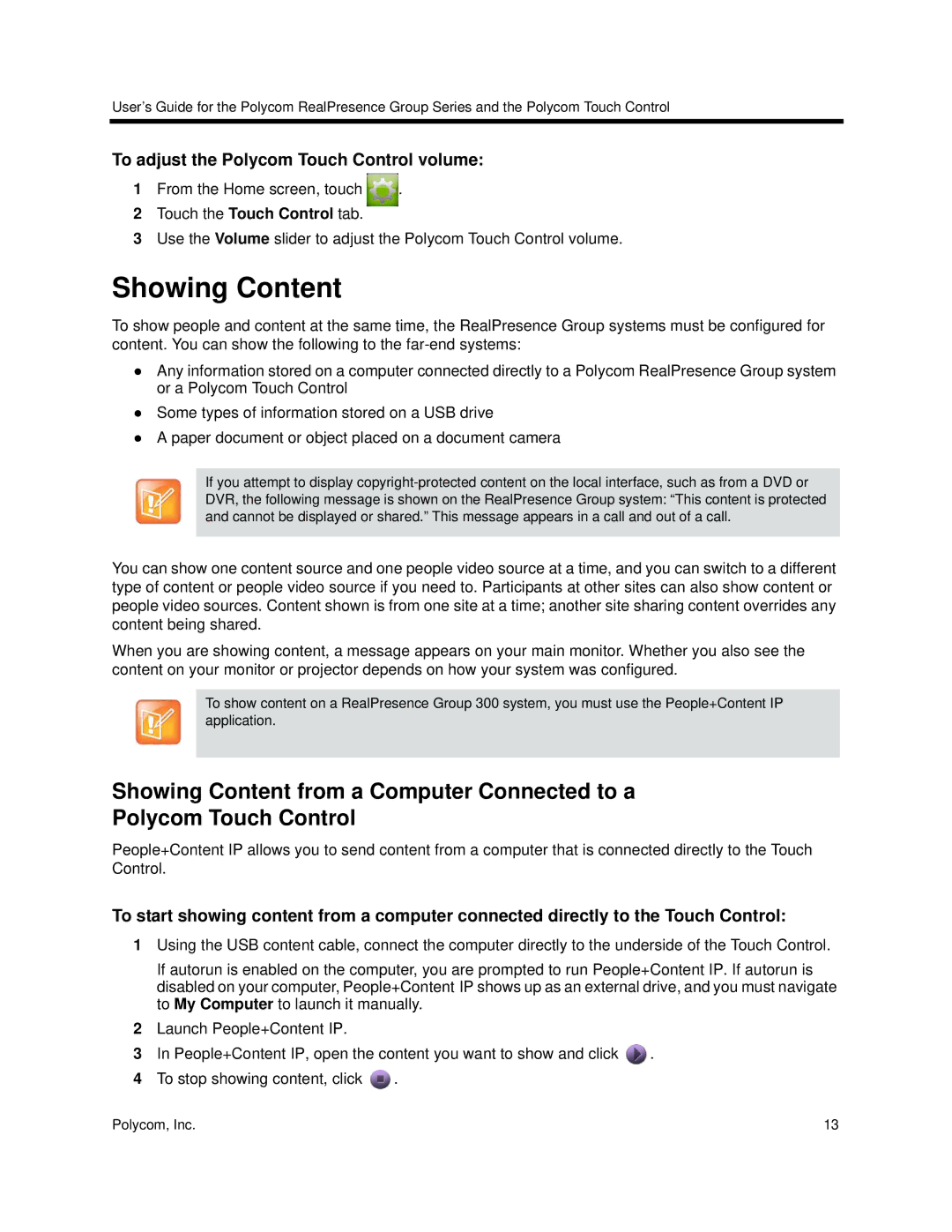 Polycom 3725-64325-005 manual Showing Content, To adjust the Polycom Touch Control volume 