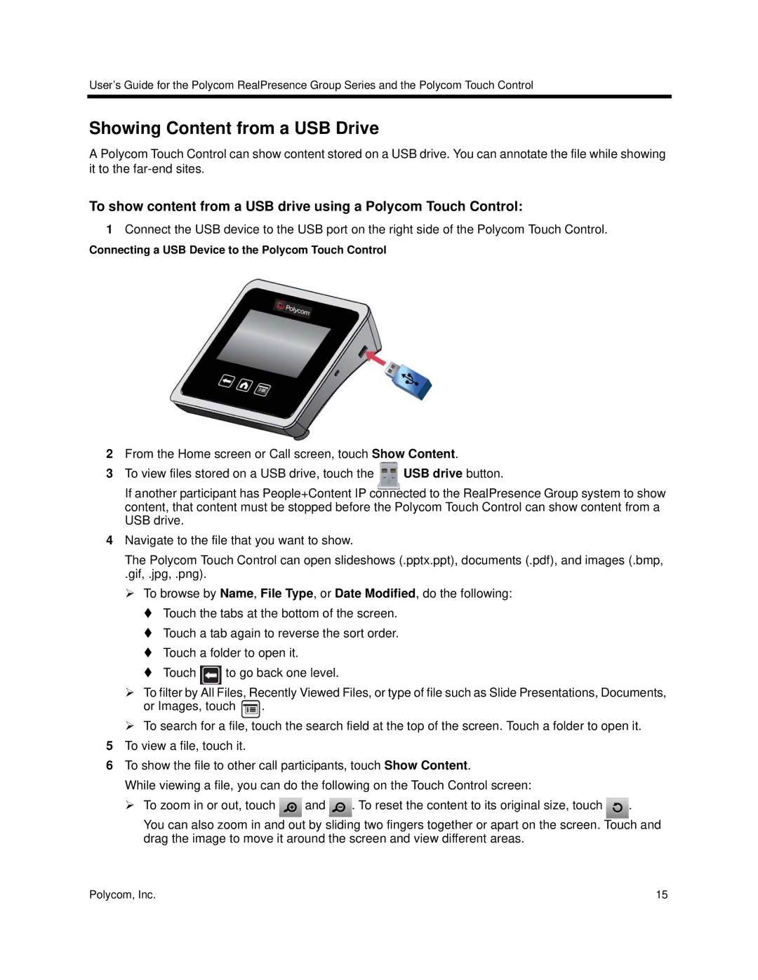 Polycom 3725-64325-005 manual Showing Content from a USB Drive, To view files stored on a USB drive, touch USB drive button 